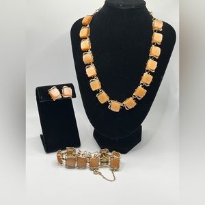 Signed CORO Vintage Set Necklace Bracelet & Clips Earrings  Lucite -Gold Tone